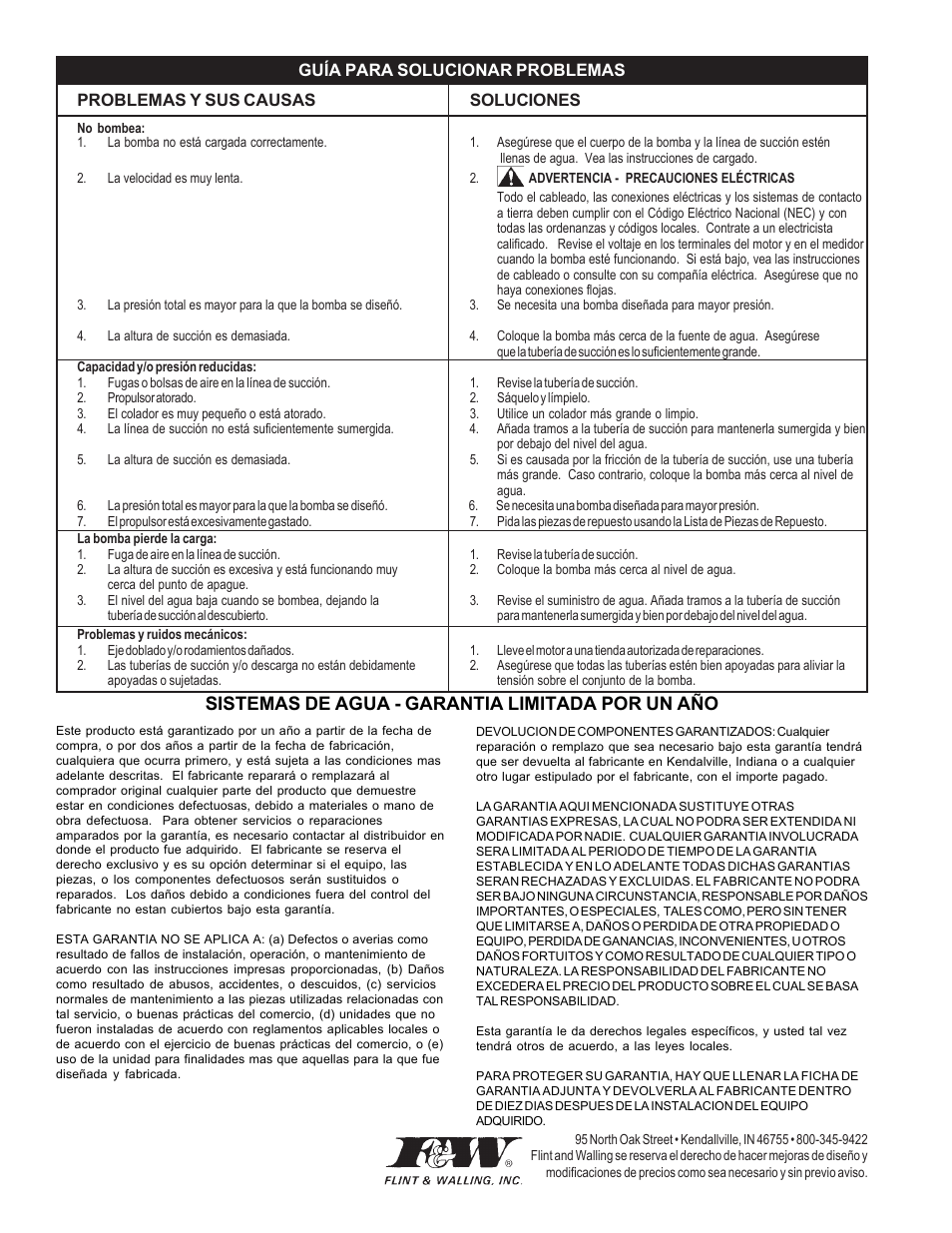 Sistemas de agua - garantia limitada por un aсo | Flint & Walling SPM User Manual | Page 12 / 12