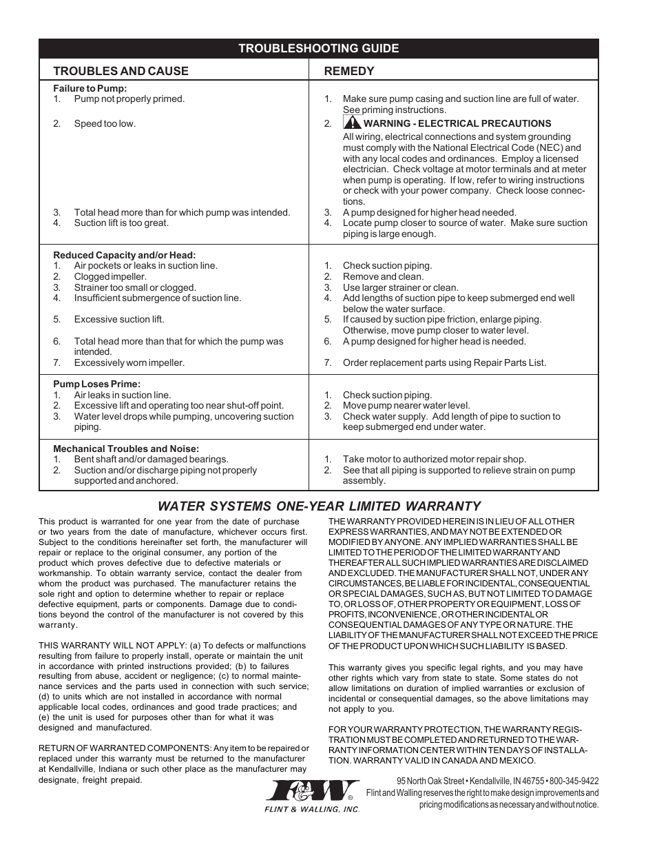 Water systems one-year limited warranty | Flint & Walling SPM User Manual | Page 4 / 12