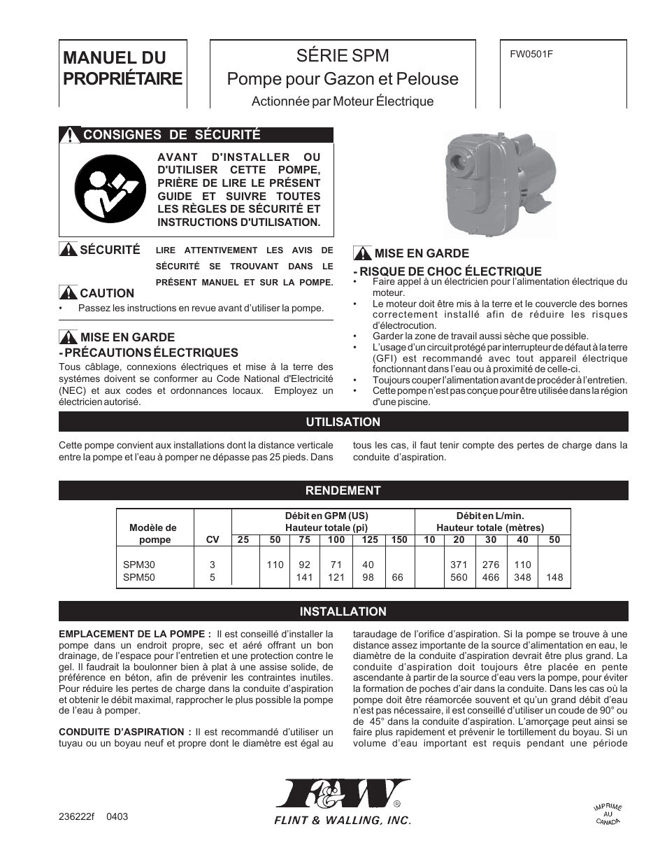 Manuel du propriétaire, Série spm pompe pour gazon et pelouse | Flint & Walling SPM User Manual | Page 5 / 12