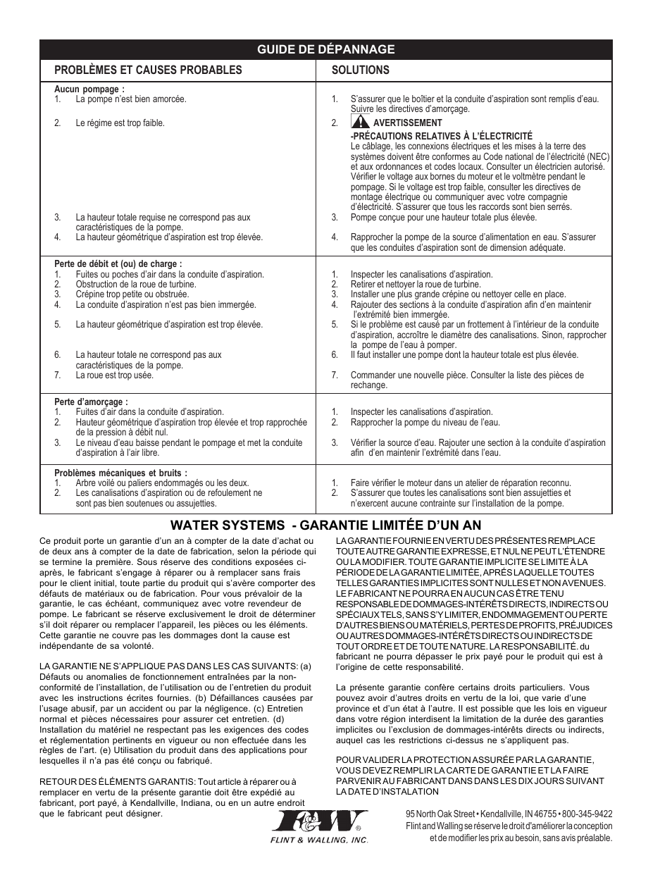 Water systems - garantie limitée d’un an | Flint & Walling SPM User Manual | Page 8 / 12