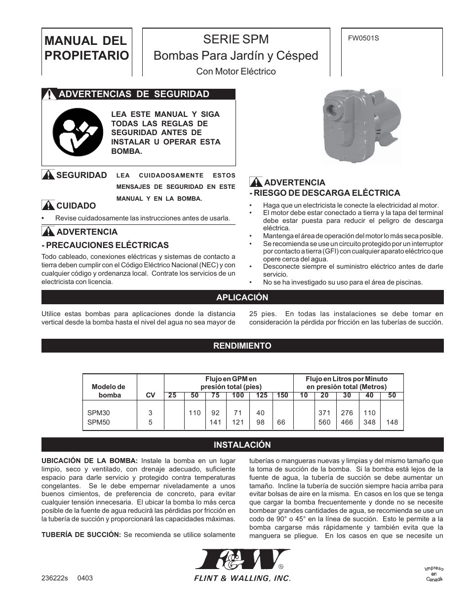 Manual del propietario, Serie spm bombas para jardín y césped | Flint & Walling SPM User Manual | Page 9 / 12