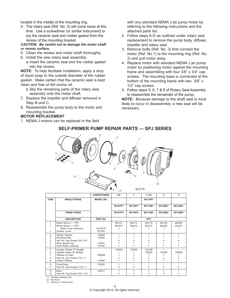 Self-primer pump repair parts — spj series, Il0174, Self-primer pump repair parts “spj” series | Flint & Walling SPJ User Manual | Page 6 / 8