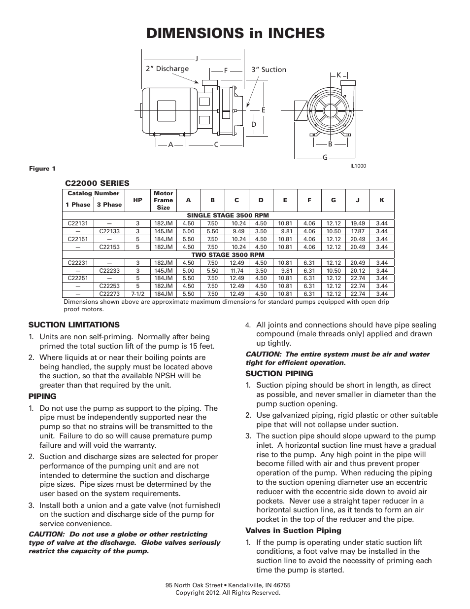 Dimensions in inches | Flint & Walling C22000 User Manual | Page 2 / 8