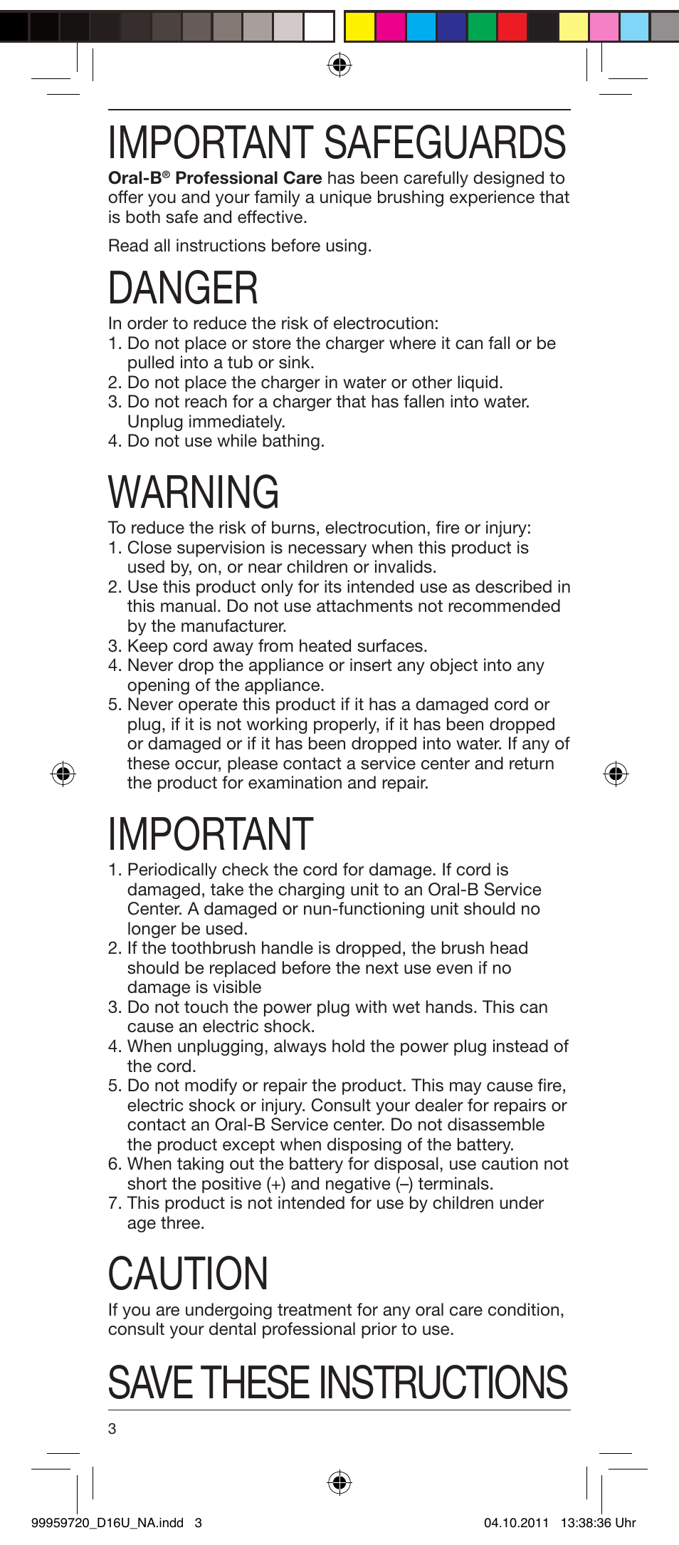 Important safeguards, Danger, Warning | Important, Caution, Save these instructions | Braun 3757 User Manual | Page 3 / 20