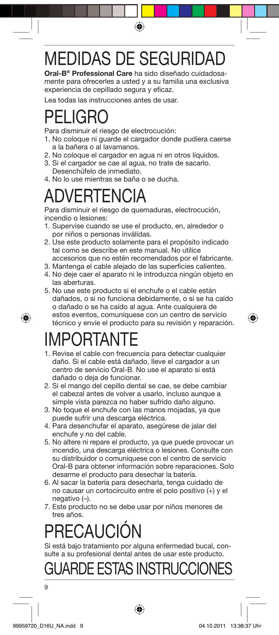 Medidas de seguridad, Peligro, Advertencia | Importante, Precaución, Guarde estas instrucciones | Braun 3757 User Manual | Page 9 / 20