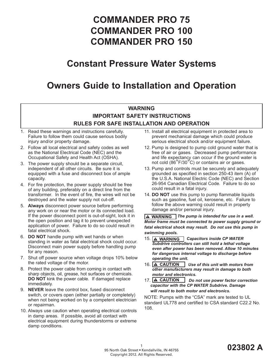 Flint & Walling Commander Pro 75 User Manual | 10 pages