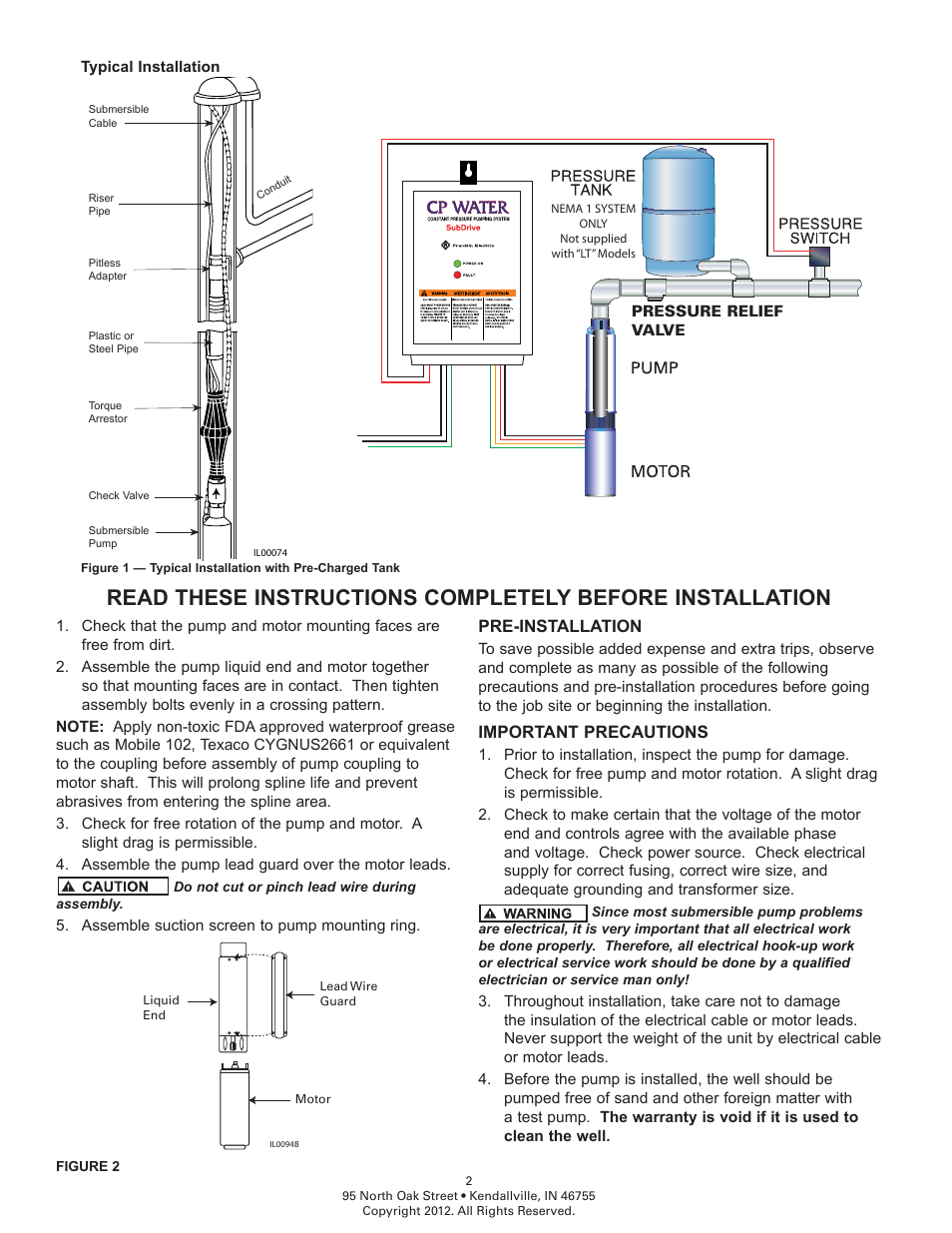 Pre-installation, Important precautions | Flint & Walling Commander Pro 75 User Manual | Page 2 / 10