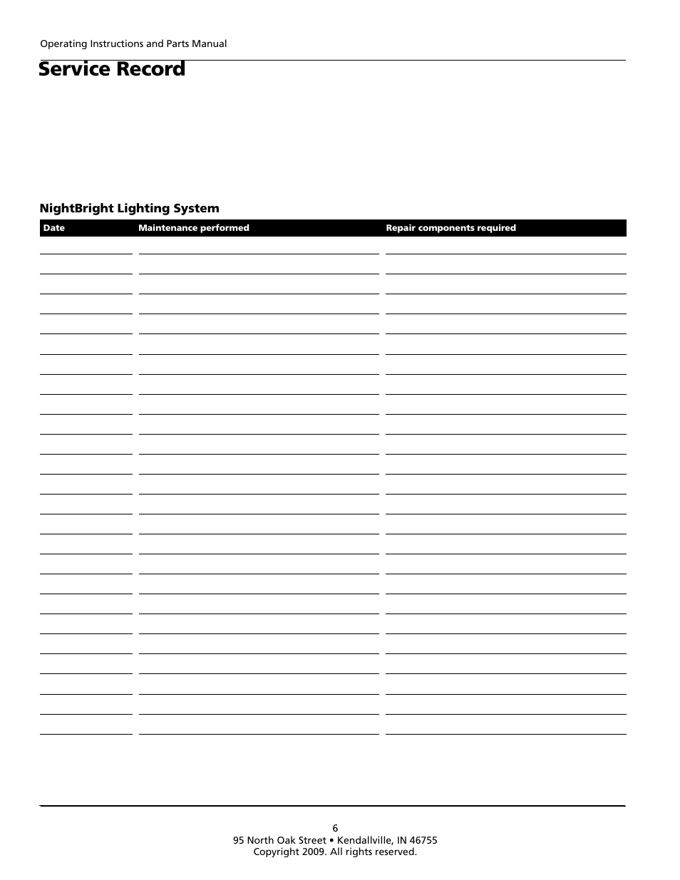 Service record | Flint & Walling NightBright Lighting System User Manual | Page 6 / 6