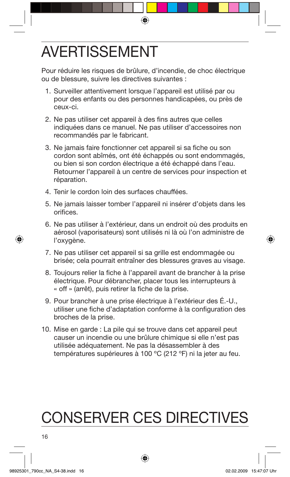 Avertissement, Conserver ces directives | Braun 5692 User Manual | Page 16 / 35