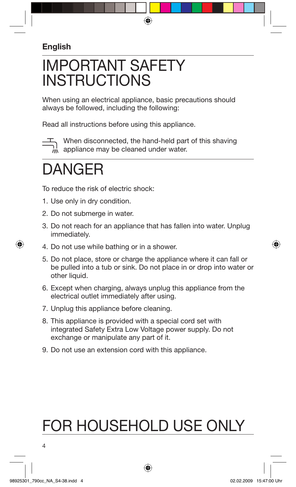 Important safety instructions, Danger, For household use only | Braun 5692 User Manual | Page 4 / 35