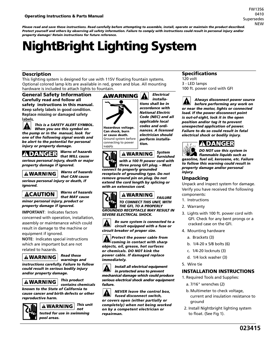 Flint & Walling NightBright Lighting System w-GFI User Manual | 4 pages