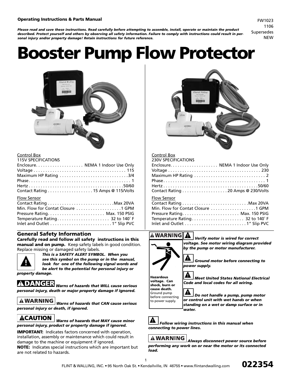 Flint & Walling Booster Pump Flow Protector Instructions User Manual | 4 pages