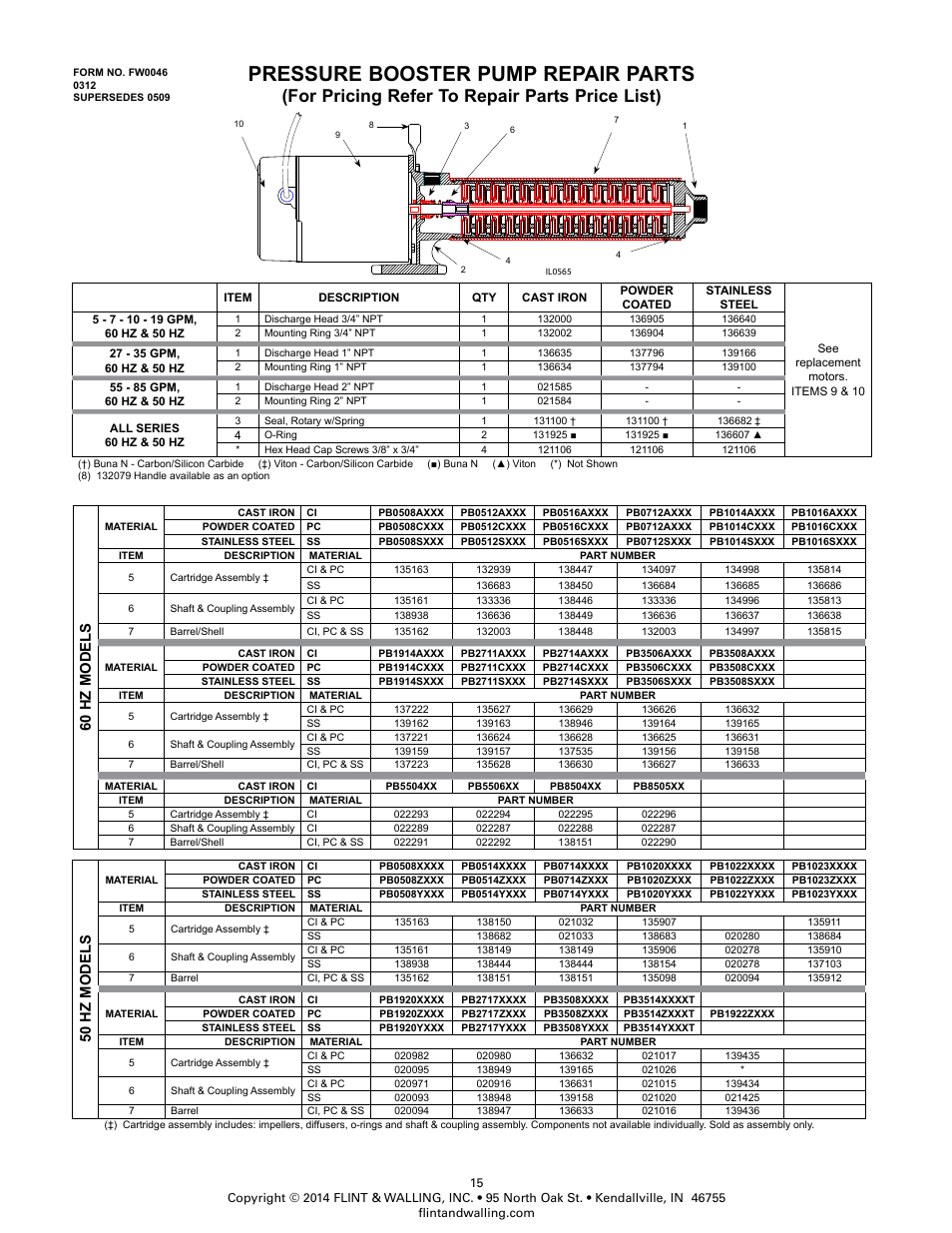 Pressure booster pump repair parts, For pricing refer to repair parts price list), 60 hz models | 50 hz models | Flint & Walling Pressure Booster Pumps Instructions User Manual | Page 15 / 15