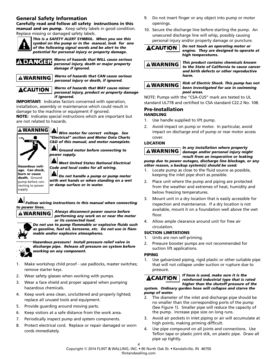 General safety information, Pre-installation | Flint & Walling Pressure Booster Pumps Instructions User Manual | Page 4 / 15