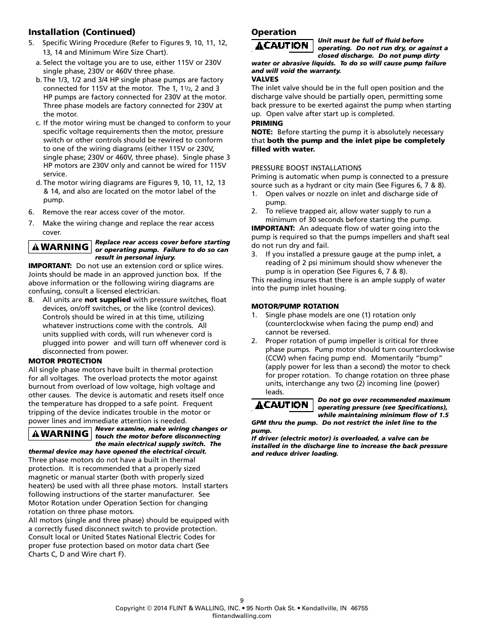 Installation (continued), Operation | Flint & Walling Pressure Booster Pumps Instructions User Manual | Page 9 / 15