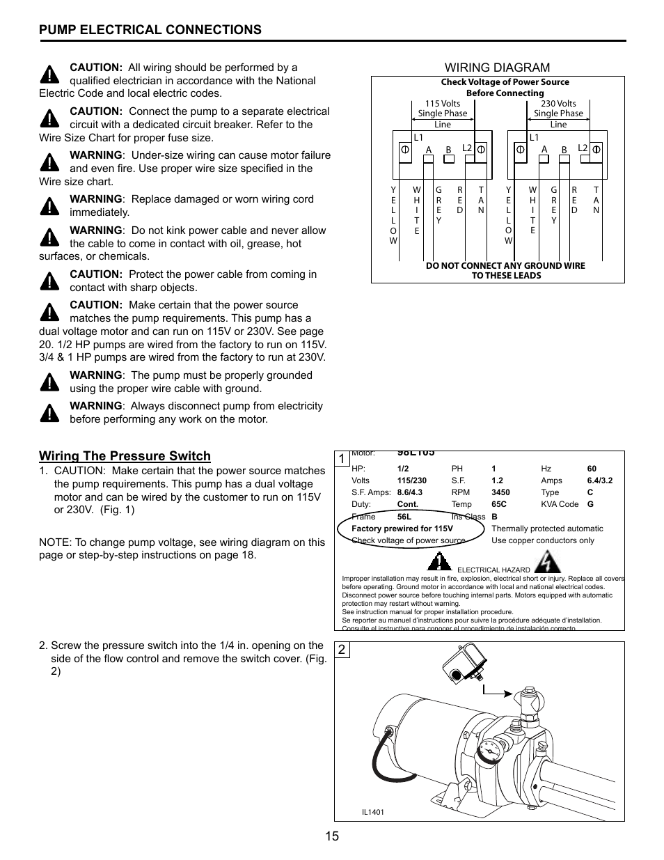 15 pump electrical connections, 1wiring the pressure switch, Wiring diagram | Flint & Walling CPJS Shallow Well User Manual | Page 15 / 24