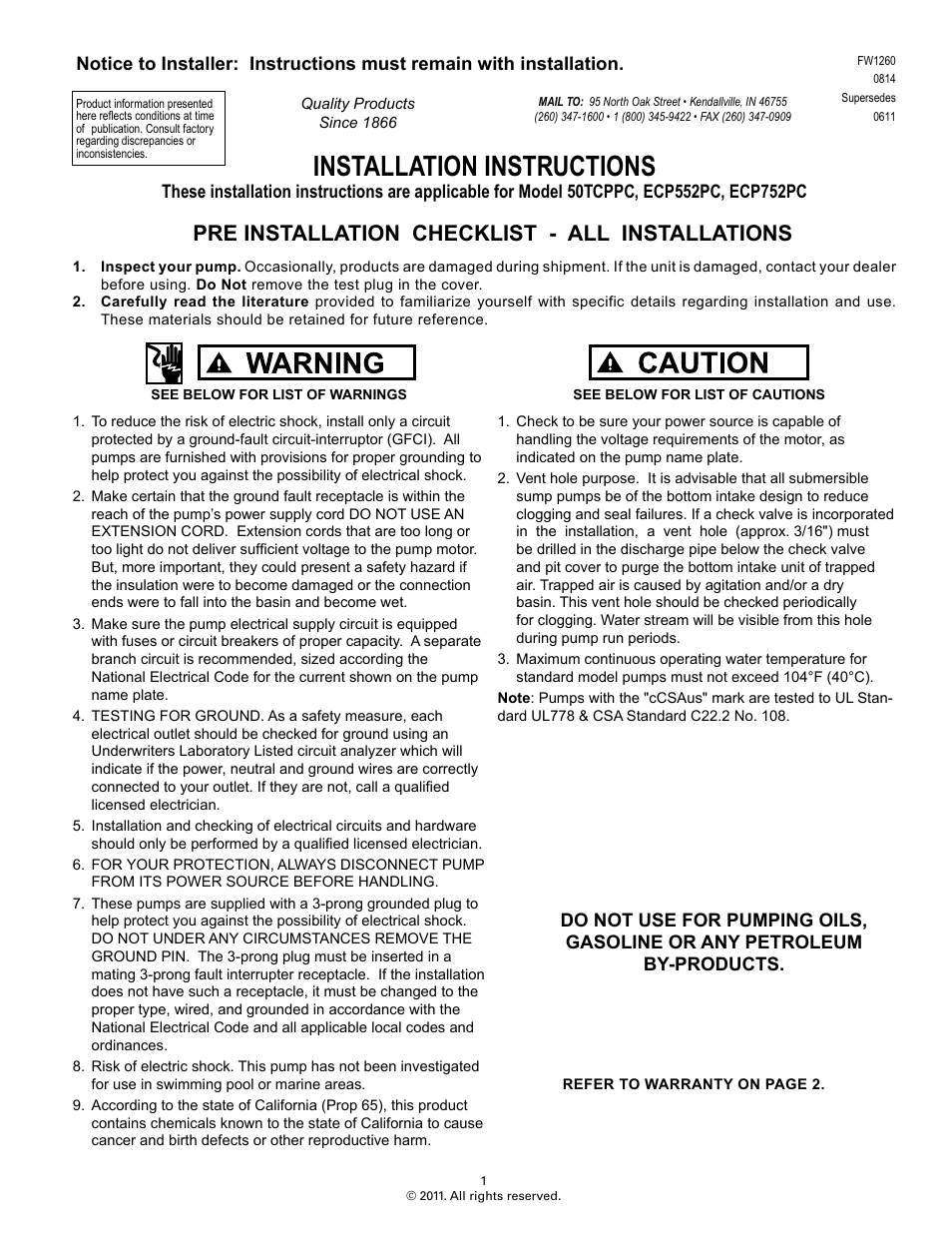 Flint & Walling Evaporative Cooling Pumps User Manual | 2 pages