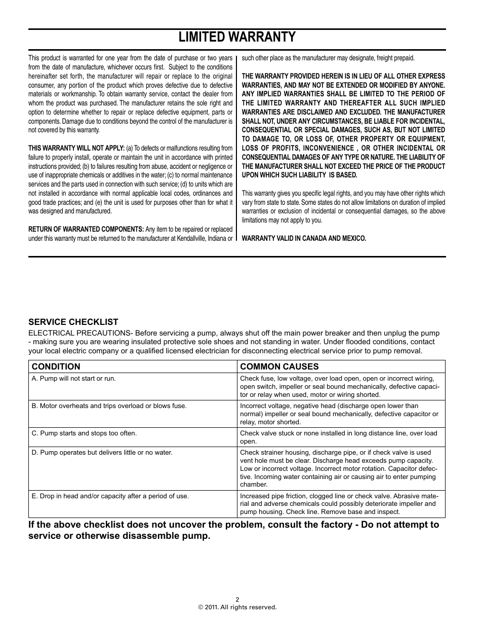 Limited warranty | Flint & Walling Evaporative Cooling Pumps User Manual | Page 2 / 2