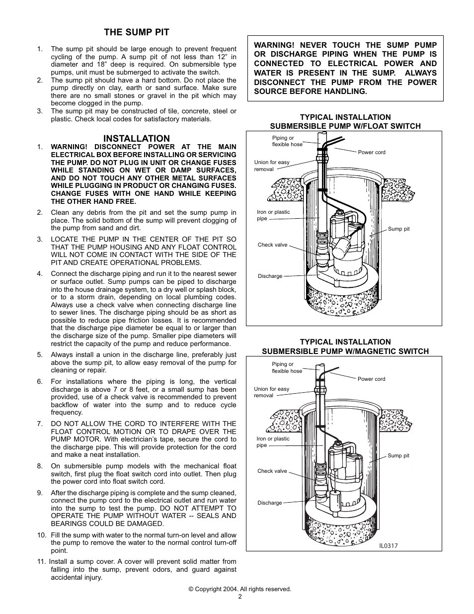 The sump pit, Installation | Flint & Walling 3CD User Manual | Page 2 / 11