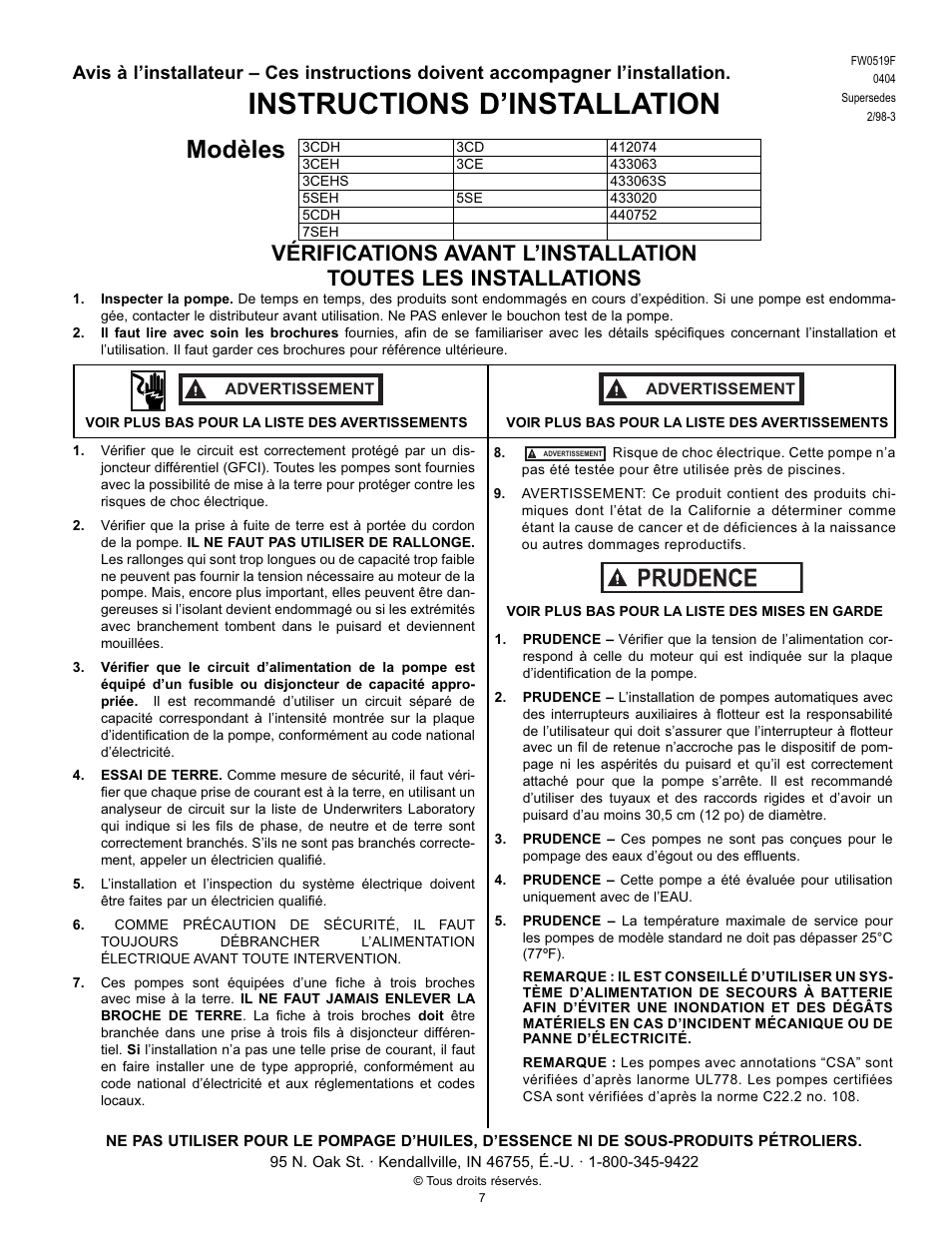 Instructions d’installation, Modèles | Flint & Walling 3CD User Manual | Page 7 / 11