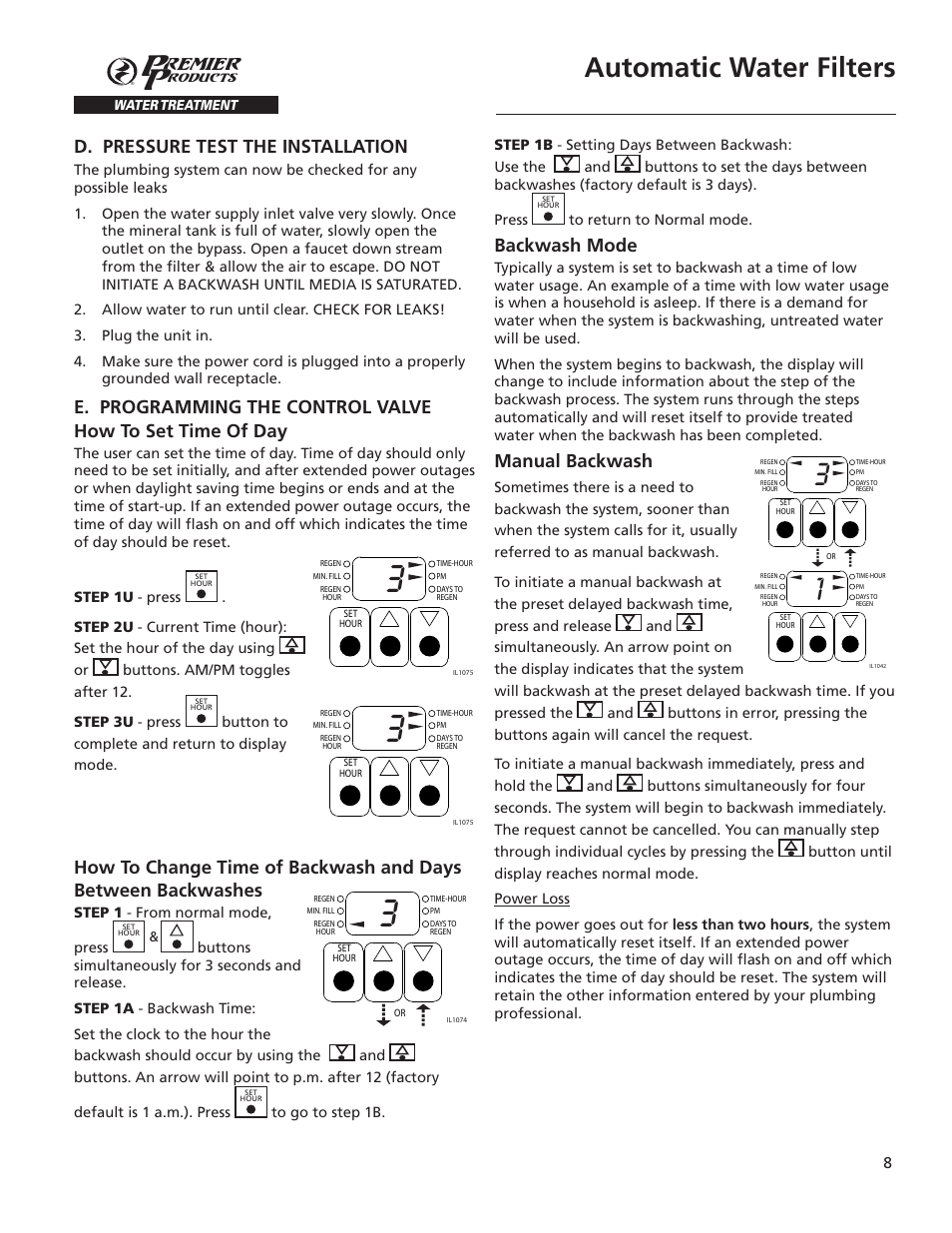 Automatic water filters, Remier, D. pressure test the installation | Backwash mode, Manual backwash | Flint & Walling CCF Series Air Induction Water Treatment Systems User Manual | Page 8 / 12