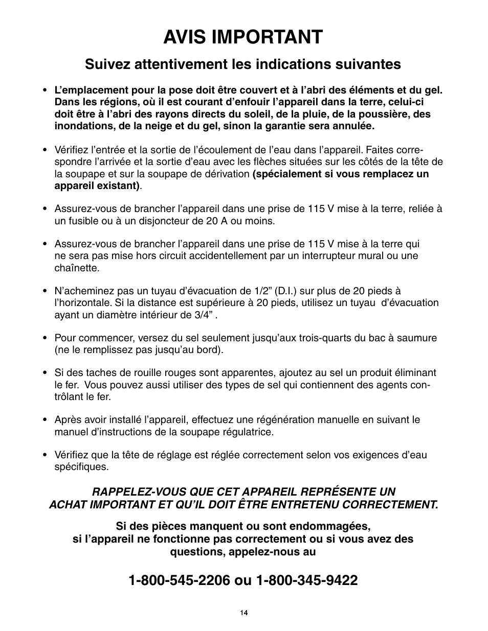Avis important, Suivez attentivement les indications suivantes | Flint & Walling P07EC24 Single Tank Water Softener User Manual | Page 14 / 38