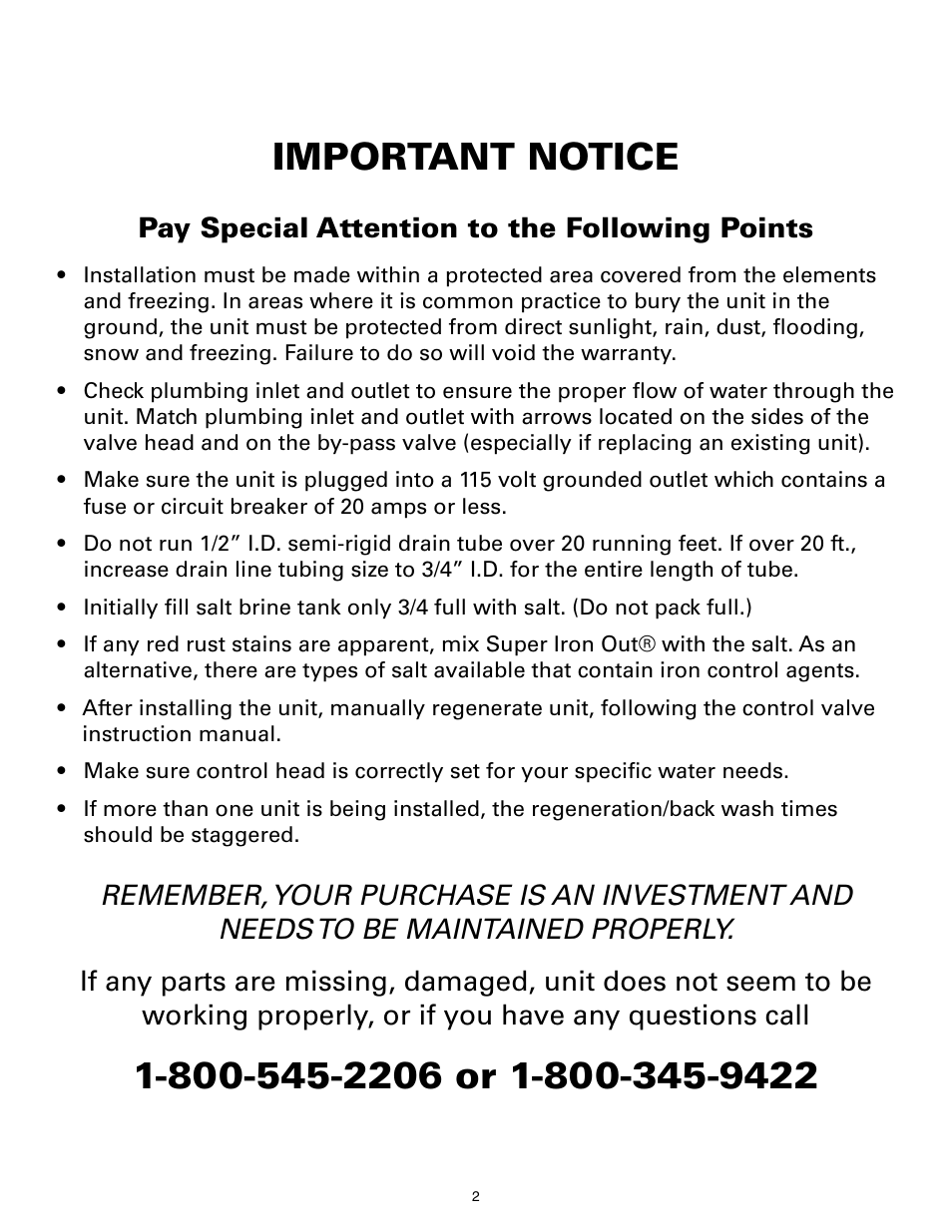 Important notice, Pay special attention to the following points | Flint & Walling P07EC24 Single Tank Water Softener User Manual | Page 2 / 38