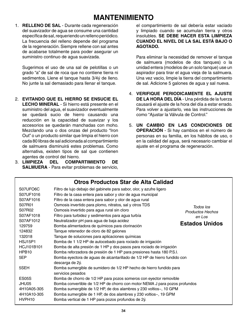 Mantenimiento, Otros productos star de alta calidad, Estados unidos | Flint & Walling P07EC24 Single Tank Water Softener User Manual | Page 34 / 38