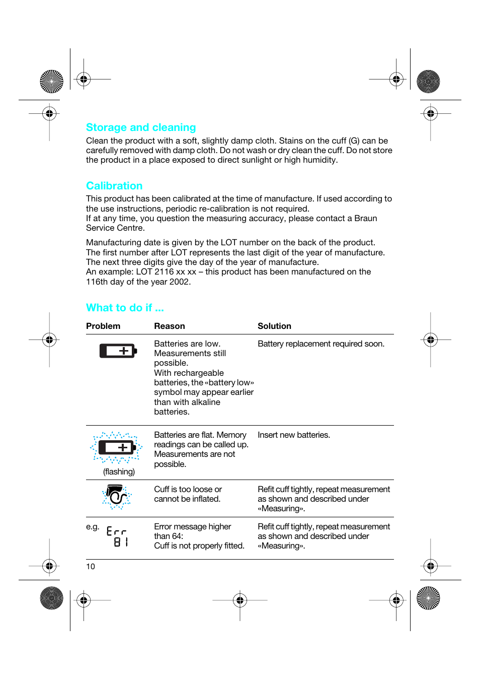 Storage and cleaning, Calibration, What to do if | Braun BP2550 User Manual | Page 10 / 62