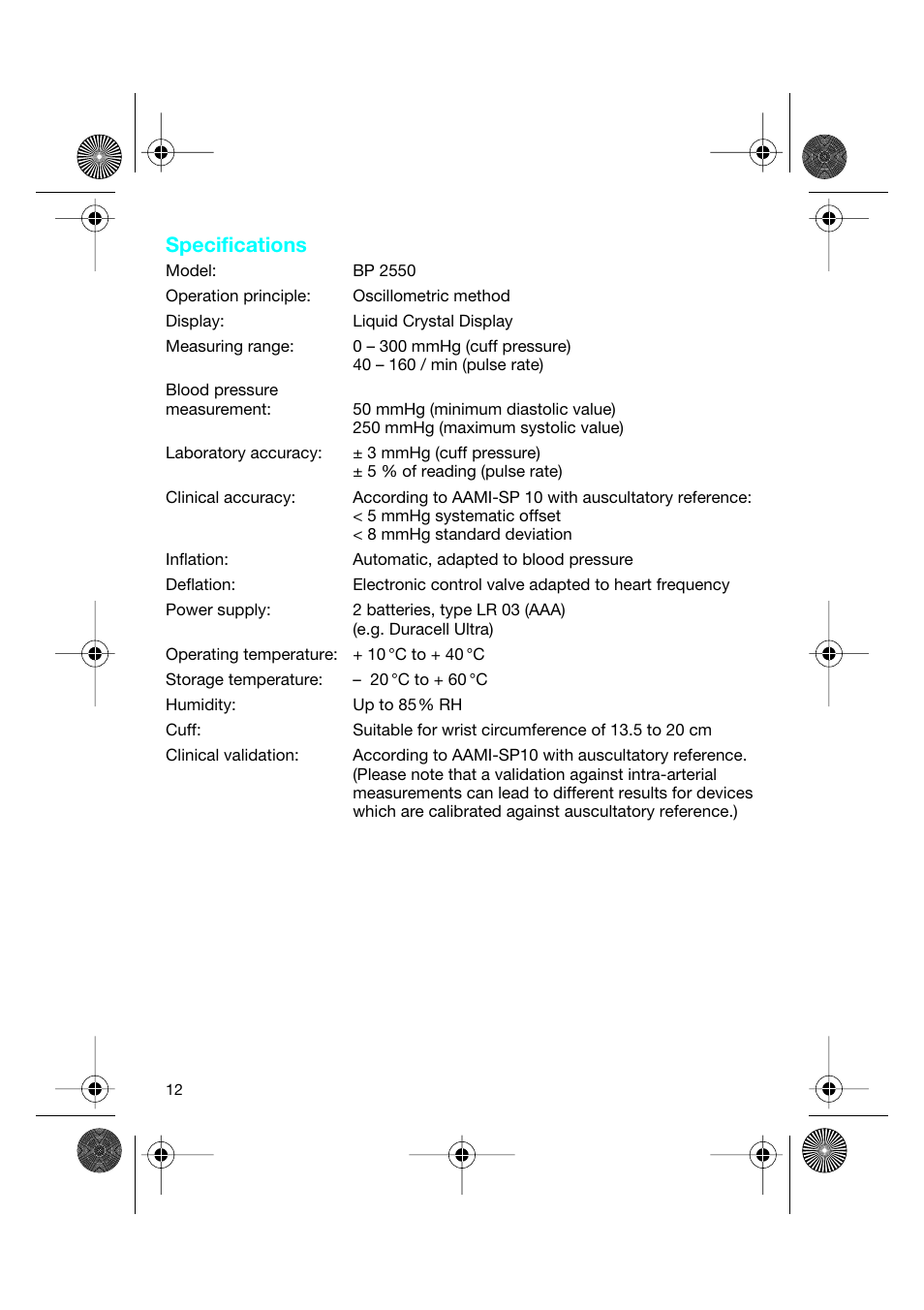 Specifications | Braun BP2550 User Manual | Page 12 / 62