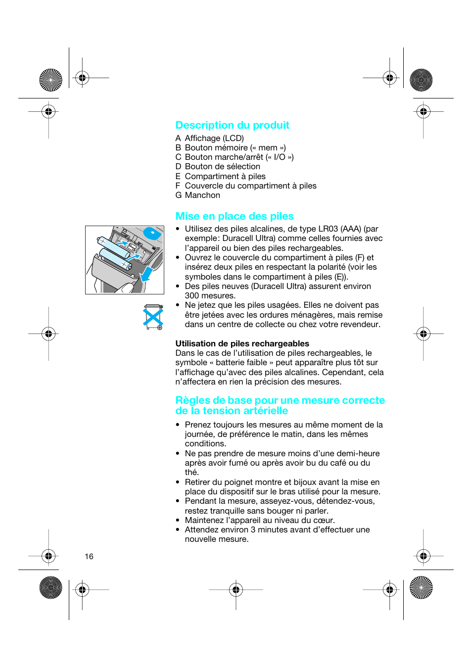 Description du produit, Mise en place des piles | Braun BP2550 User Manual | Page 16 / 62