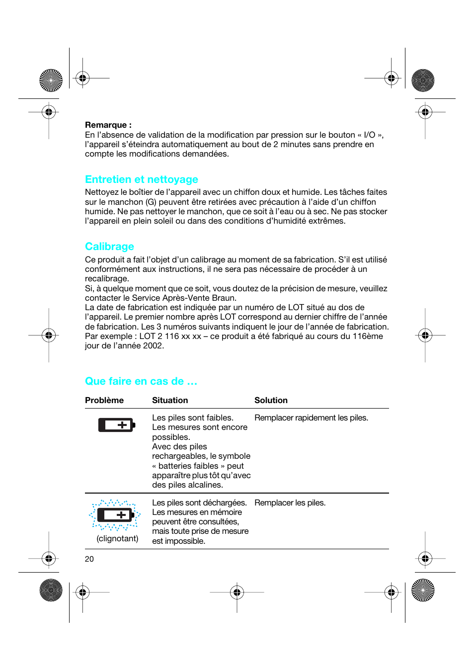 Entretien et nettoyage, Calibrage, Que faire en cas de | Braun BP2550 User Manual | Page 20 / 62