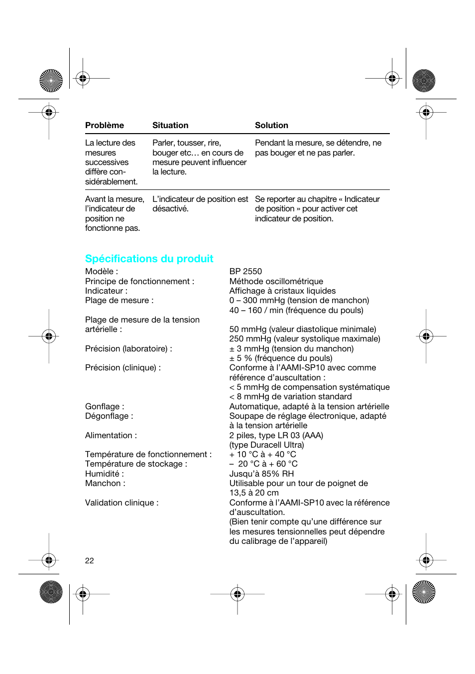 Spécifications du produit | Braun BP2550 User Manual | Page 22 / 62