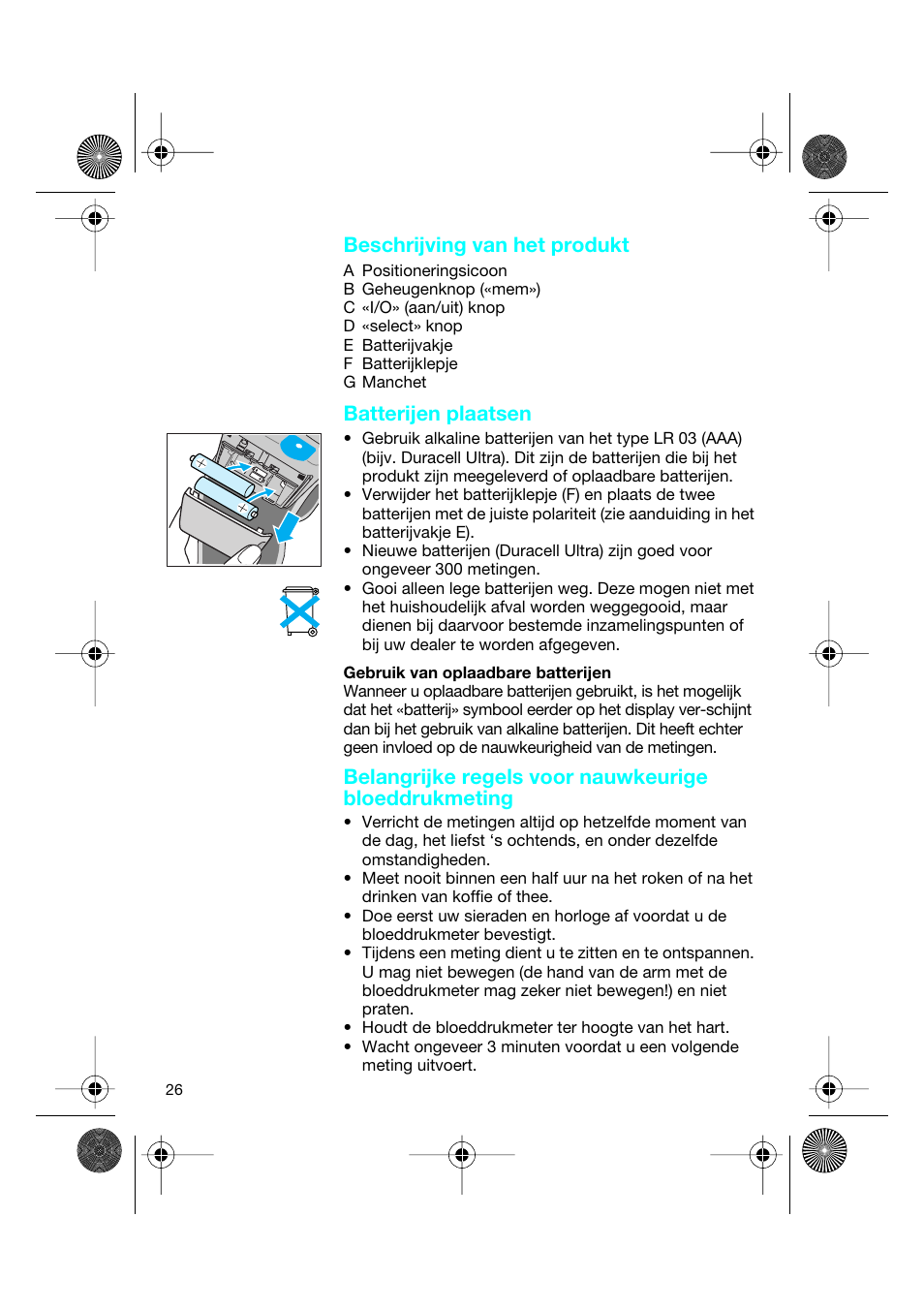 Beschrijving van het produkt, Batterijen plaatsen | Braun BP2550 User Manual | Page 26 / 62