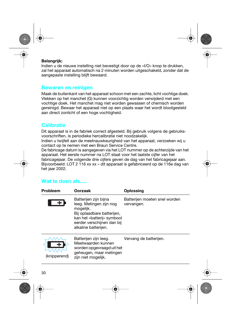 Bewaren en reinigen, Calibratie, Wat te doen als | Braun BP2550 User Manual | Page 30 / 62