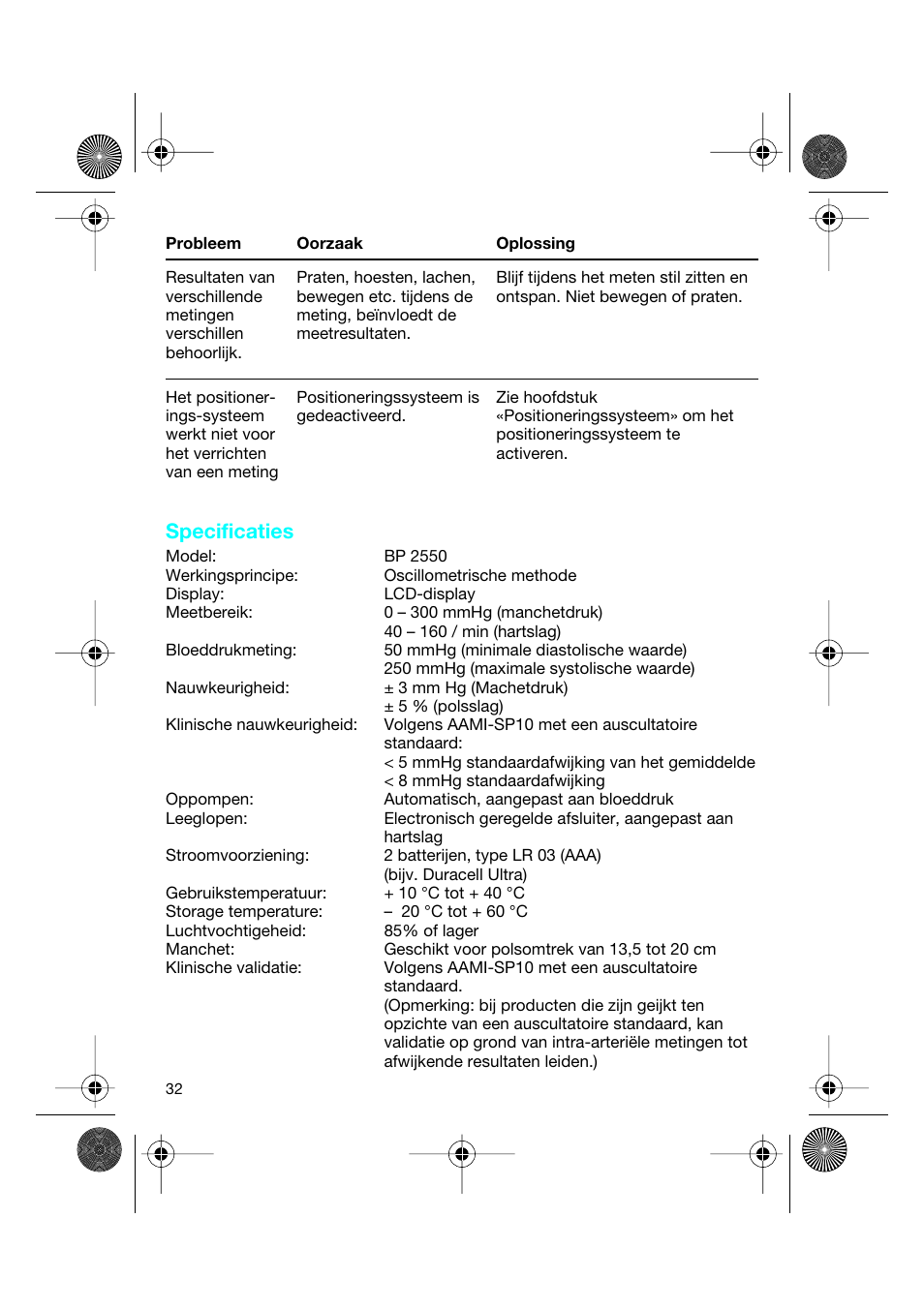 Specificaties | Braun BP2550 User Manual | Page 32 / 62