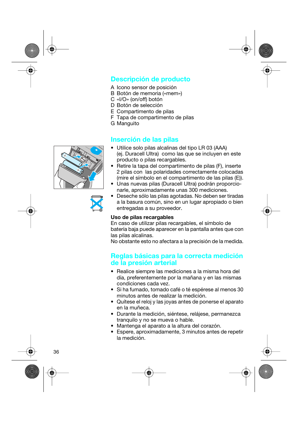 Descripción de producto, Inserción de las pilas | Braun BP2550 User Manual | Page 36 / 62