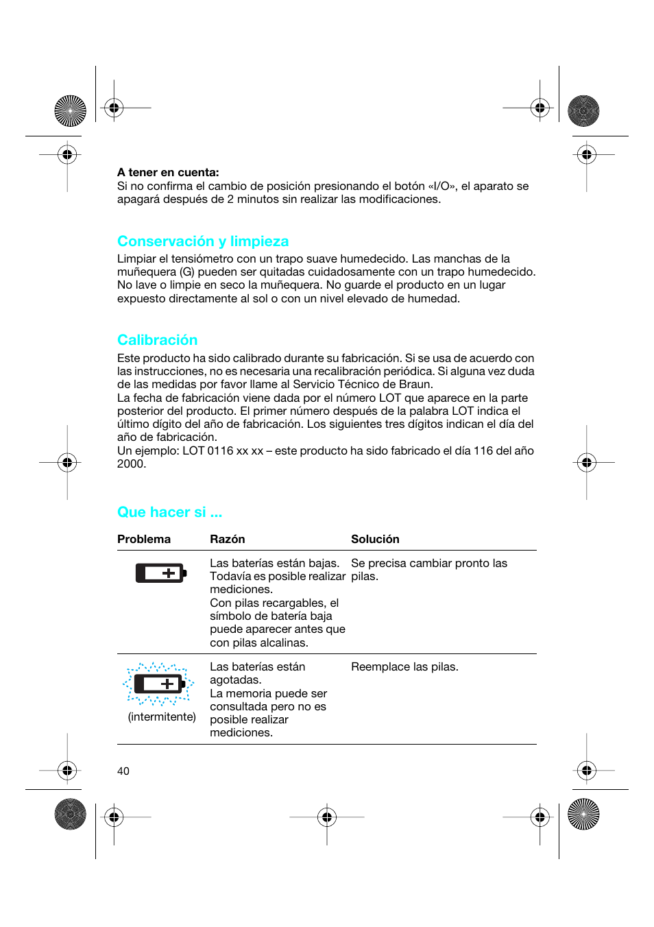 Conservación y limpieza, Calibración, Que hacer si | Braun BP2550 User Manual | Page 40 / 62