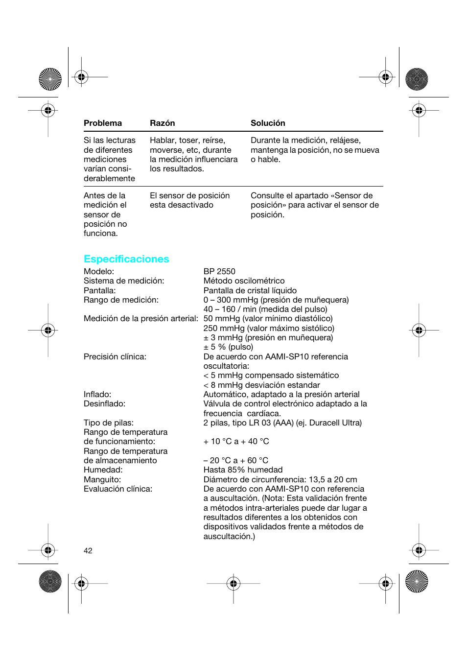 Especificaciones | Braun BP2550 User Manual | Page 42 / 62