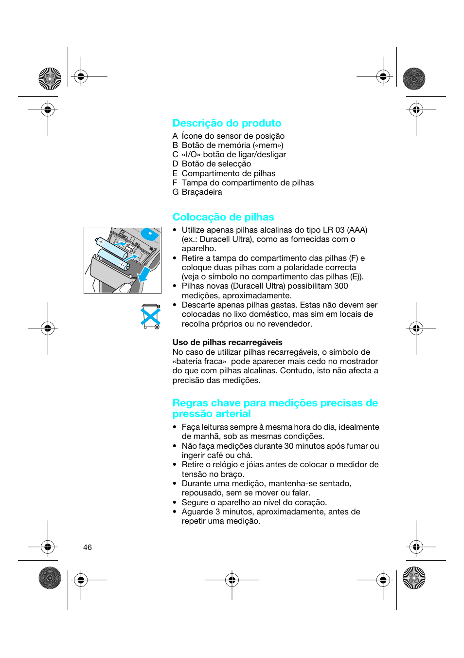 Descrição do produto, Colocação de pilhas | Braun BP2550 User Manual | Page 46 / 62