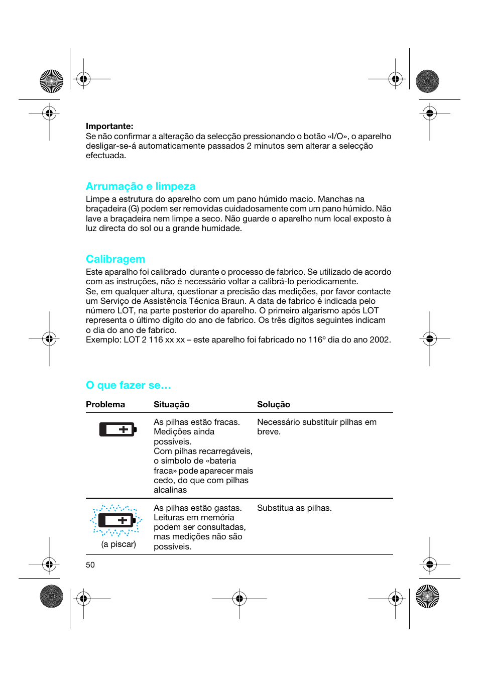 Arrumação e limpeza, Calibragem, O que fazer se | Braun BP2550 User Manual | Page 50 / 62