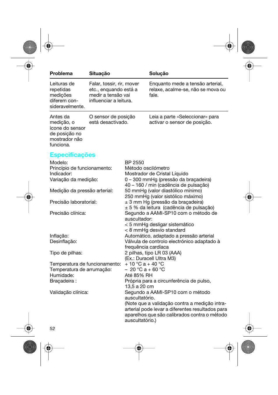 Especificações | Braun BP2550 User Manual | Page 52 / 62