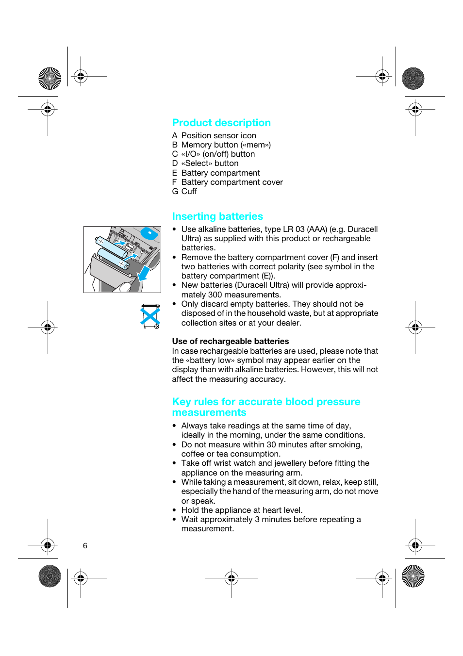 Product description, Inserting batteries, Key rules for accurate blood pressure measurements | Braun BP2550 User Manual | Page 6 / 62