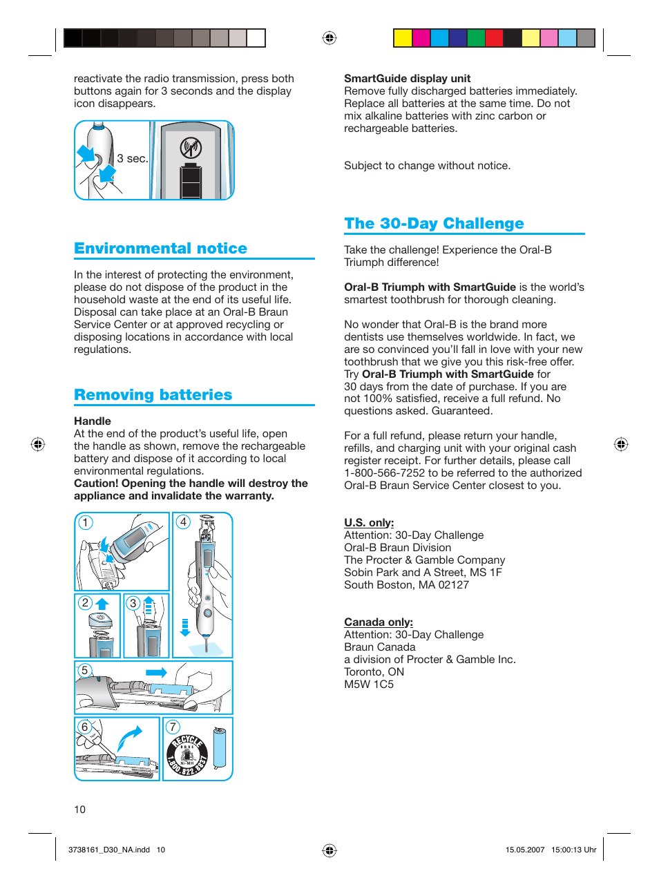 Environmental notice, Removing batteries, The 30-day challenge | Braun Triumph Toothbrush User Manual | Page 10 / 30