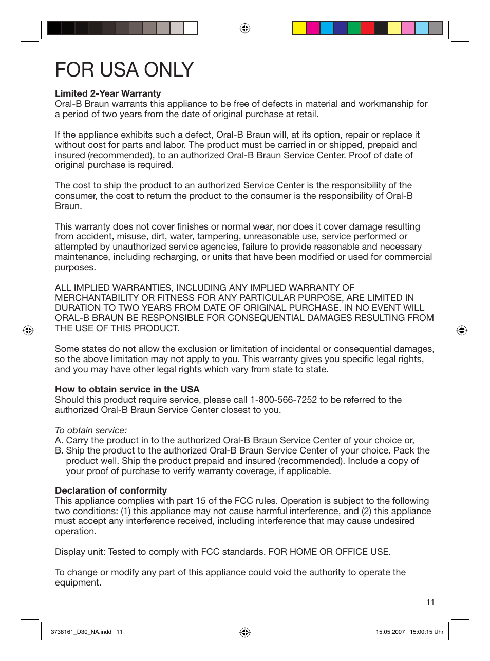For usa only | Braun Triumph Toothbrush User Manual | Page 11 / 30