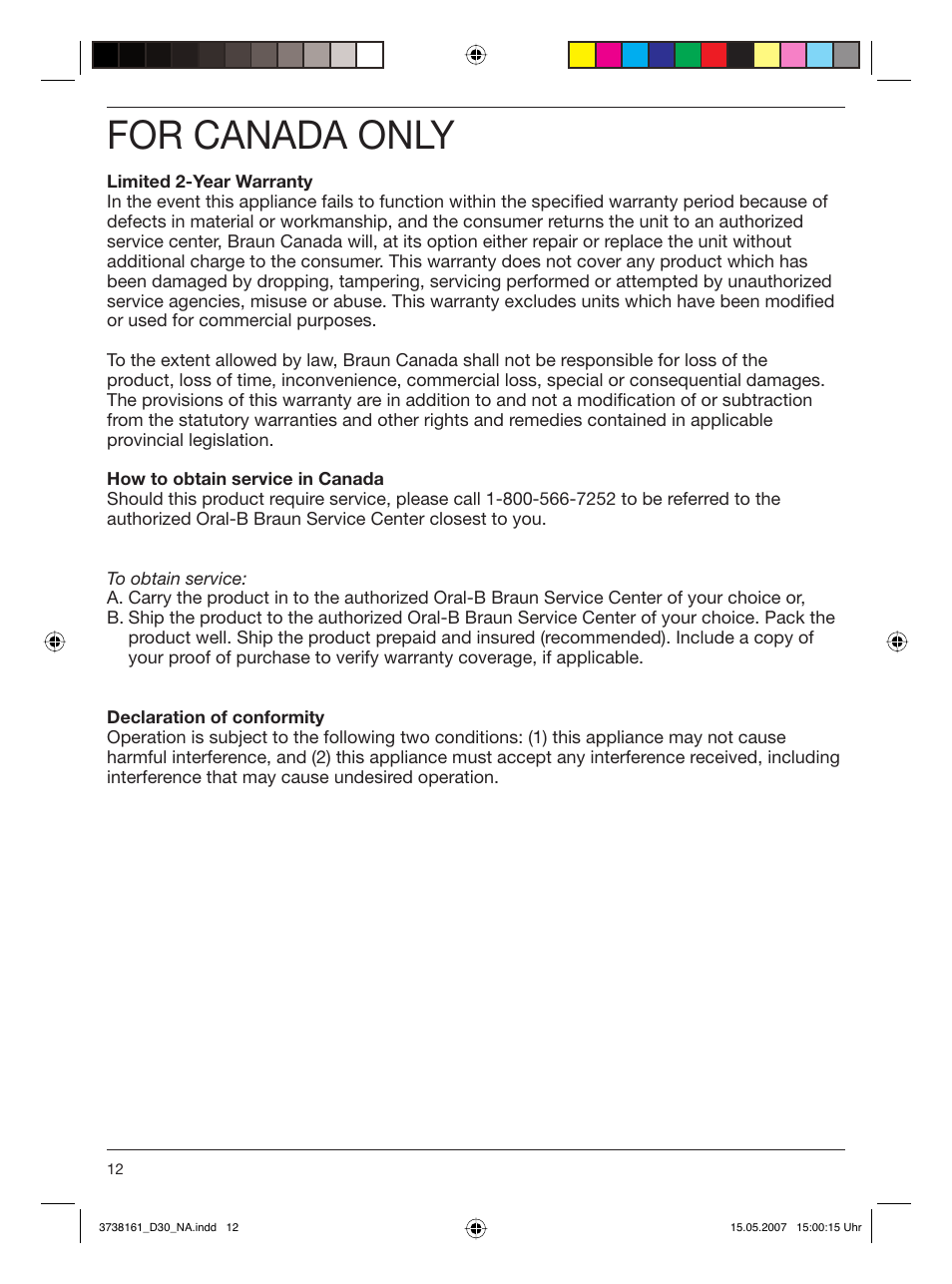 For canada only | Braun Triumph Toothbrush User Manual | Page 12 / 30