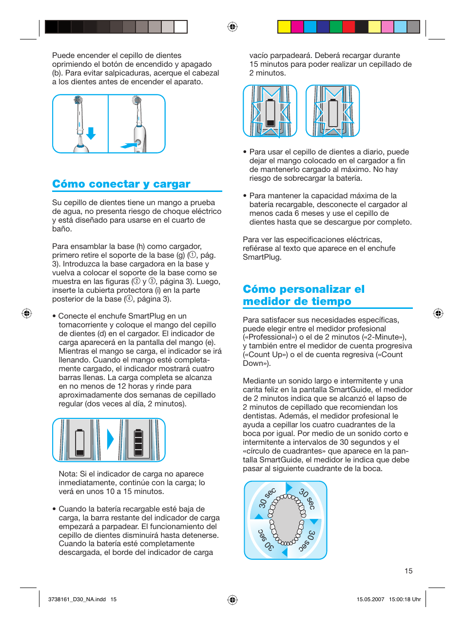 Cómo conectar y cargar, Cómo personalizar el medidor de tiempo | Braun Triumph Toothbrush User Manual | Page 15 / 30