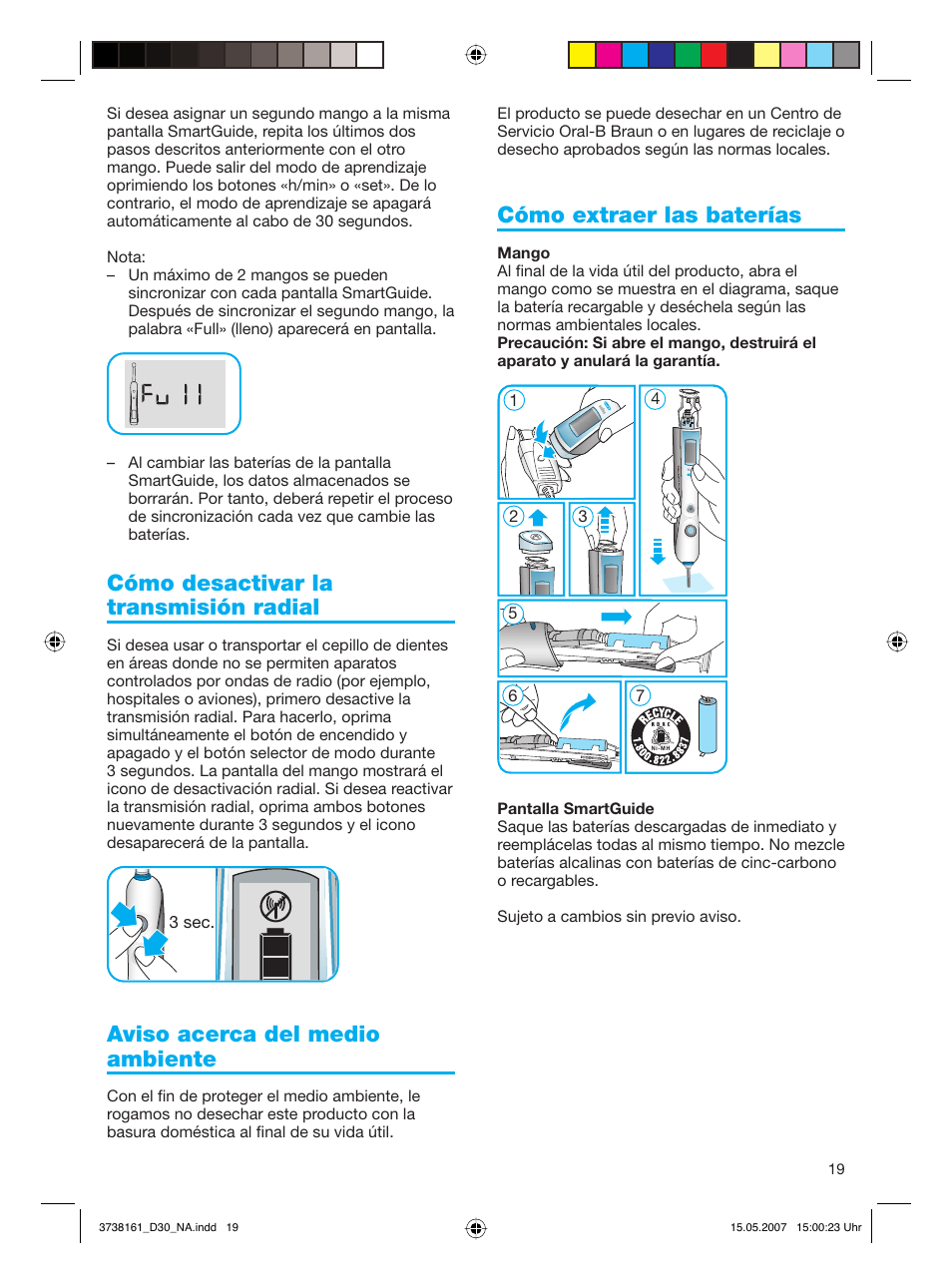 Cómo desactivar la transmisión radial, Aviso acerca del medio ambiente, Cómo extraer las baterías | Braun Triumph Toothbrush User Manual | Page 19 / 30