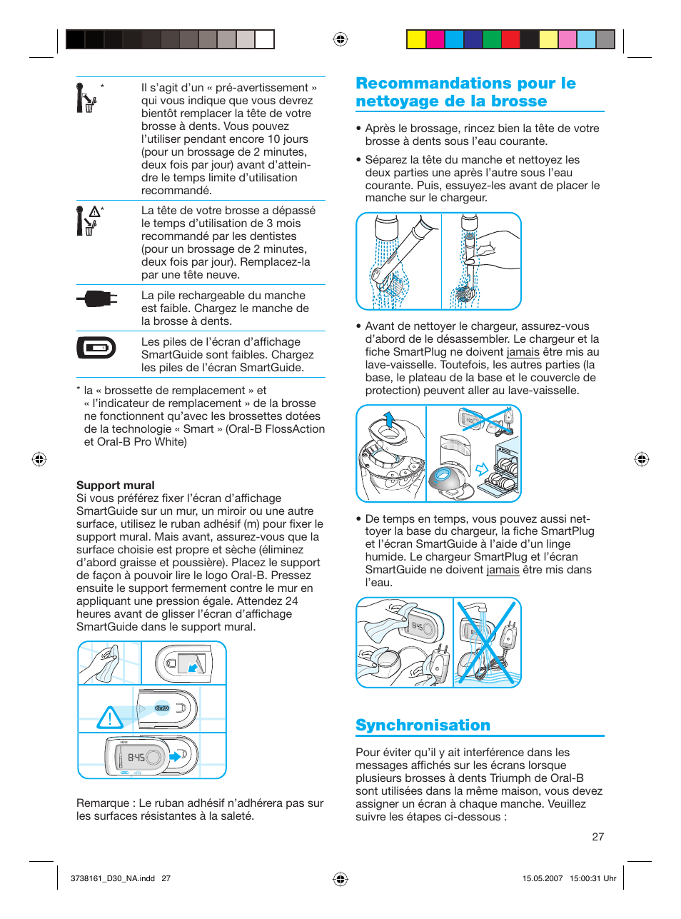 Recommandations pour le nettoyage de la brosse, Synchronisation | Braun Triumph Toothbrush User Manual | Page 27 / 30