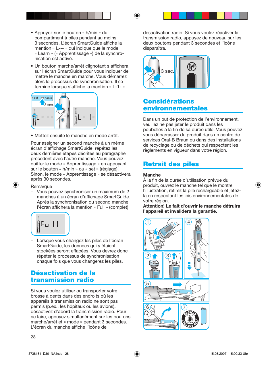 Désactivation de la transmission radio, Considérations environnementales, Retrait des piles | Braun Triumph Toothbrush User Manual | Page 28 / 30